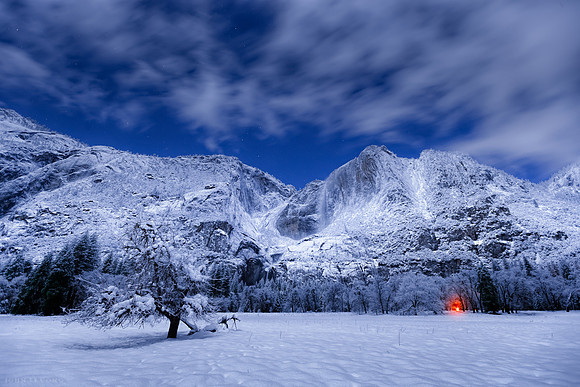 Yosemite Full Moon, Long Exposure of Upper and Lower Yosemite Falls at Night
