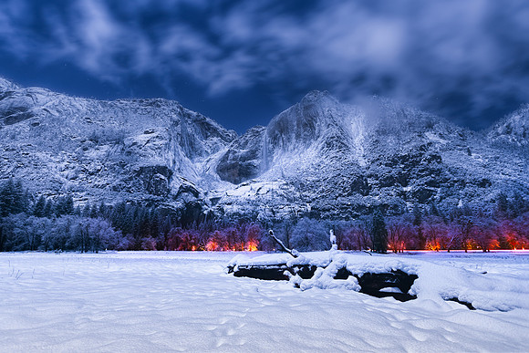 Yosemite Full Moon, Long Exposure of Upper and Lower Yosemite Falls at Night