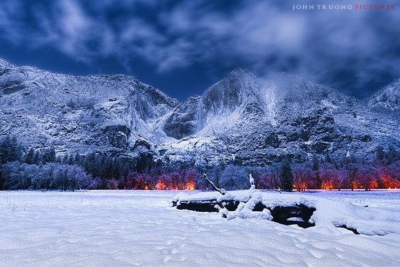 Yosemite Full Moon, Long Exposure of Upper and Lower Yosemite Falls at Night